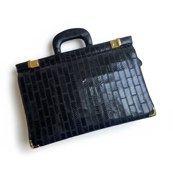 Vintage Delane Handbag Fashion Italy Black Eel Briefcase Amiet Brass Hardware - Picture 11 of 11